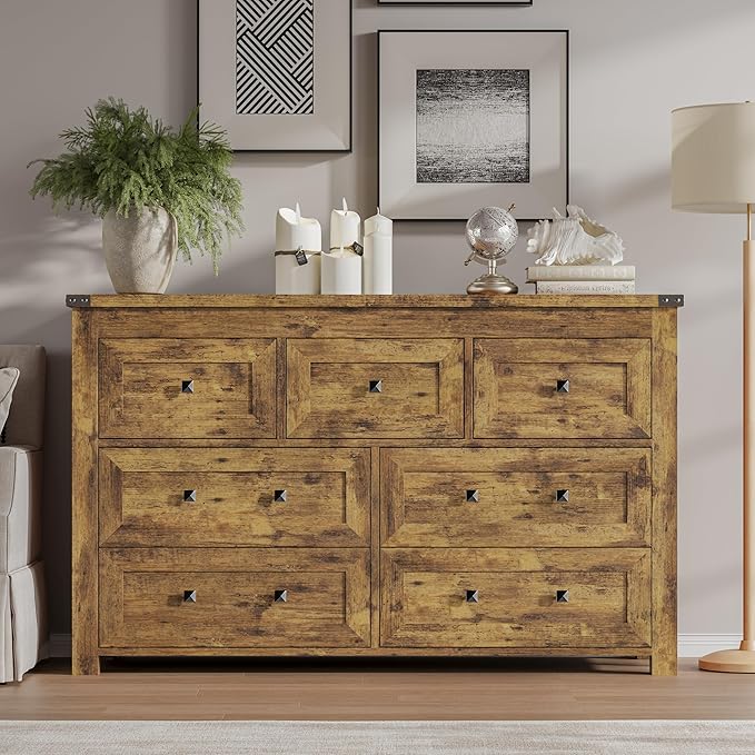 7-Drawer Dresser, Modern Wooden Storage Chest of Drawers, Dresser TV Stand, Wood Drawer Organizer with Metal Handles for Bedroom, Living Room, Hallway