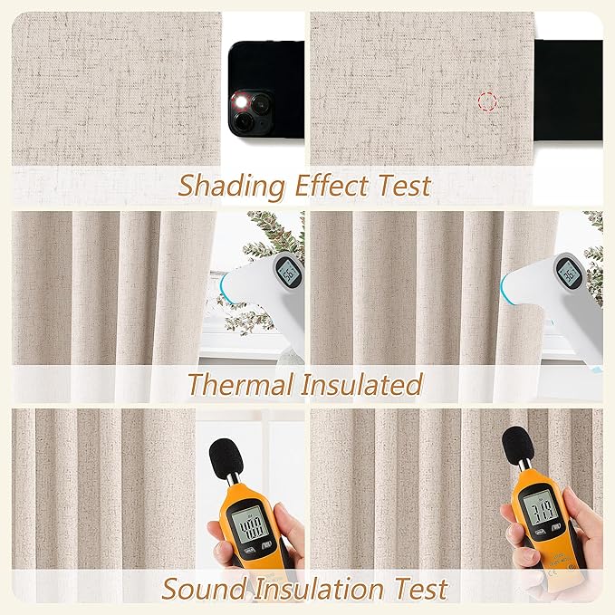 Guken Oatmeal Linen Blackout Curtains 63 Inch Length 2 Panels Set for Living Room Bedroom Back Tab Thermal Insulated 100% Black Out Linen Drapes Room Darkening Window Curtains 63 Inches Long