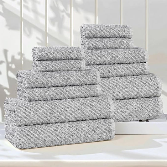 Superior Amelia Viscose Cotton Blend Medium Weight Towels, for Bathroom, Shower, Spa, Plush, Quick Dry, Ultra-Soft Towels, Bath Essentials, Ribbed Design, 12 Piece Assorted Towel Set, Charcoal
