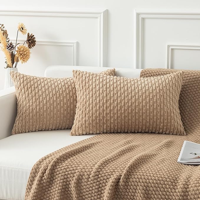 Kevin Textile Pack of 2 Corduroy Decorative Throw Pillow Covers 12x20 Inch Soft Boho Striped Pillow Covers Modern Farmhouse Home Decor for Autumn Sofa Living Room Couch Bed Tan