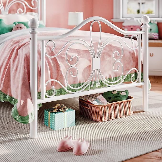 SHA CERLIN Twin Size Bed Frame for Kids,Metal Bed Frame with Butterfly Pattern Design Headboard & Footboard,No Box Spring Needed,Easy Assembly,White
