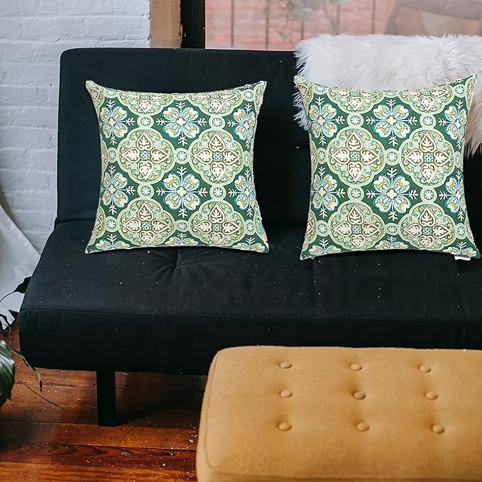 FUNHOME Outdoor Pillow Covers ONLY, No Insert! Pack of 2 Square Throw Pillow Covers, Decorative Water-Repellent Modern Cushion Cases for Sofa Patio Couch Decoration 18 x 18 Inch-Green Medal