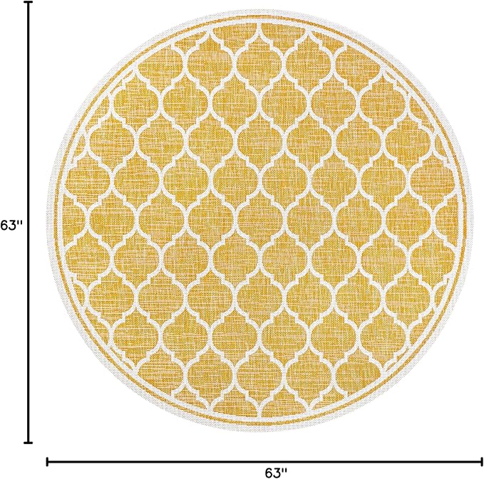 Eyely BMS109F-5R Santa Monica Trebol Moroccan Trellis Textured Weave Indoor/Outdoor Area Rug Coastal;Bohemian, Bedroom, Backyard, Patio, Easy-Cleaning, Non-Shedding, 5' Round, Yellow/Cream