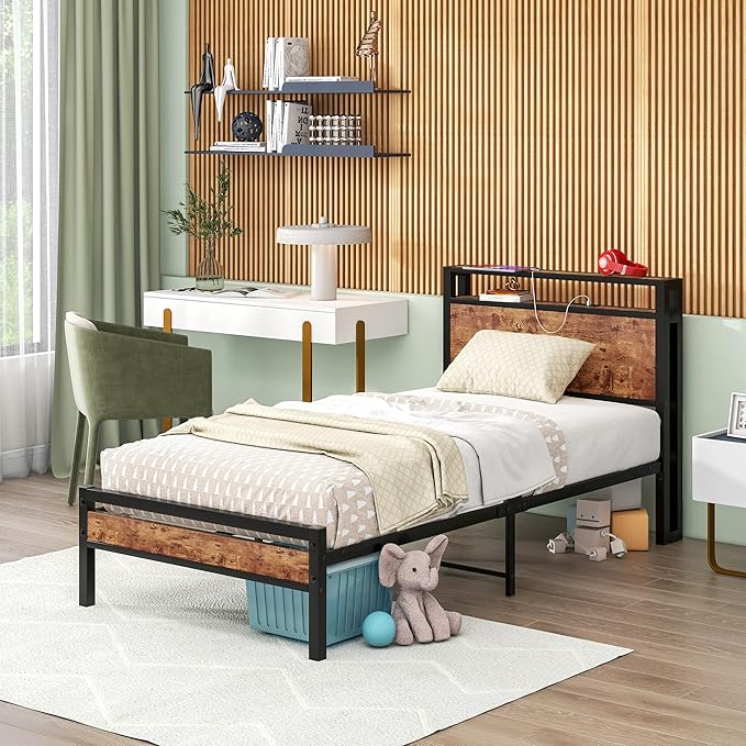 Twin Bed Frame with Storage Headboard/USB Charging Station,Single Platform Bed Frame Twin Size No Box Spring Needed,Strong Steel Slats Support,Bedroom Furniture,Rustic Brown