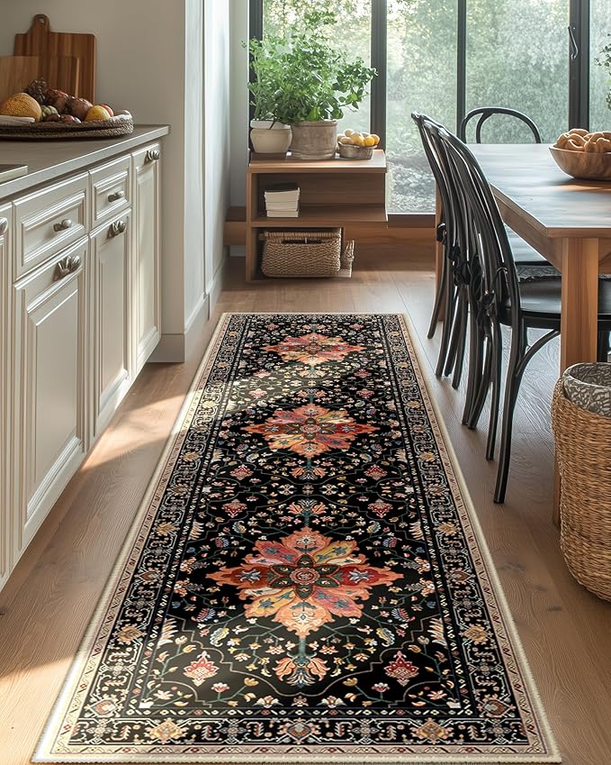 Area Rugs 2'x8' Washable Non-Slip, Floral Vintage Distress Print Pattern Medallion Carpet for Living Room Bedroom Dining Room, Black Colorful Floral Dark Tan