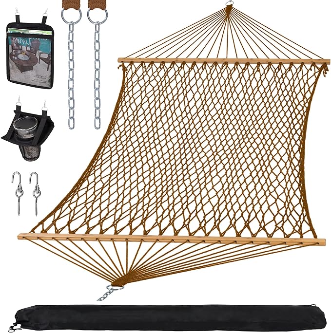 SUNCREAT Portable 2 Person Hammock with Carrying Bag, Tree Hooks, Magazine Bag, Bottle Holder, Heavy Duty Hanging Tree Hammock, Brown