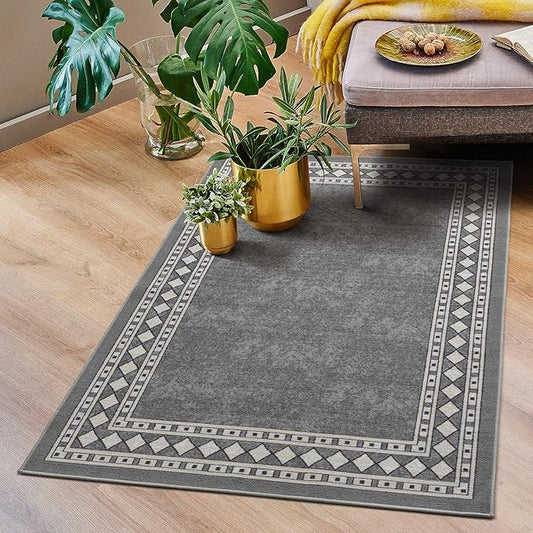 Antep Rugs Alfombras Modern Bordered 2x4 Non-Skid (Non-Slip) Low Profile Pile Rubber Backing Kitchen Area Rugs (Gray, 2'3" x 4')