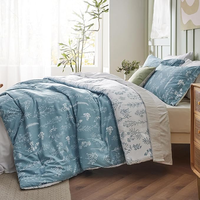 Bedsure Oversized Queen Comforter Set - Mineral Blue Bed Set, 3 Pieces Cute Floral Bedding, 1 Soft Reversible Botanical Flowers Comforter and 2 Pillow Shams