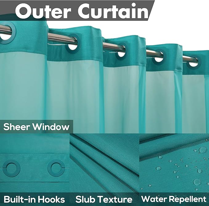 No Hook Slub Textured Shower Curtain with Snap-in PEVA Liner Set - 71" x 74"(72"), Hotel Style with See Through Top Window, Machine Washable & Water Repellent, Teal, 71x74
