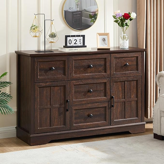5+2 Cherry Dresser for Bedroom, Chest of Drawers for Bedroom with Wooden Drawers and Cross Doors, Wood Dressers Storage TV Stand for Bedroom, Living Room