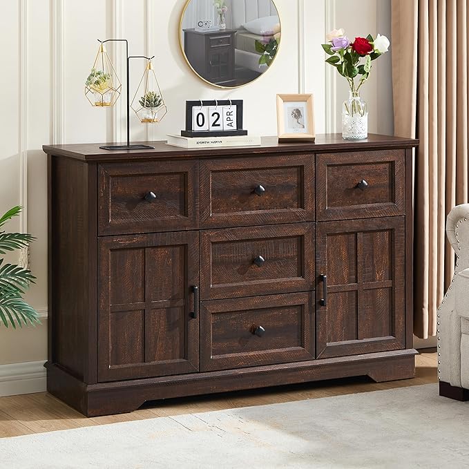 5+2 Dresser for Bedroom, Cherry Dressers Storage with Wooden Drawers and Cross Door, TV Stand Chest of Drawers for Bedroom, Living Room
