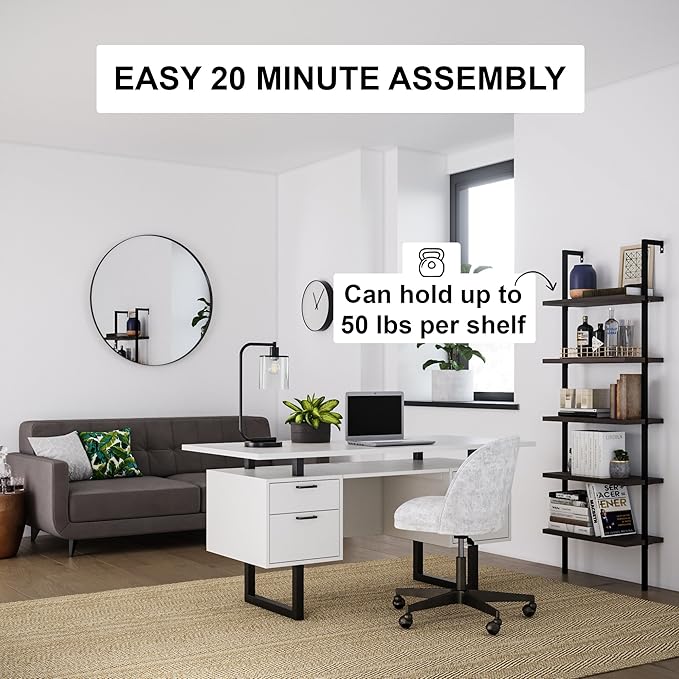 Nathan James Theo 5-Shelf Wood Modern Bookcase, Open Wall Mount Ladder Bookshelf with Industrial Metal Frame, Dark Walnut Brown/Black, Set of 4