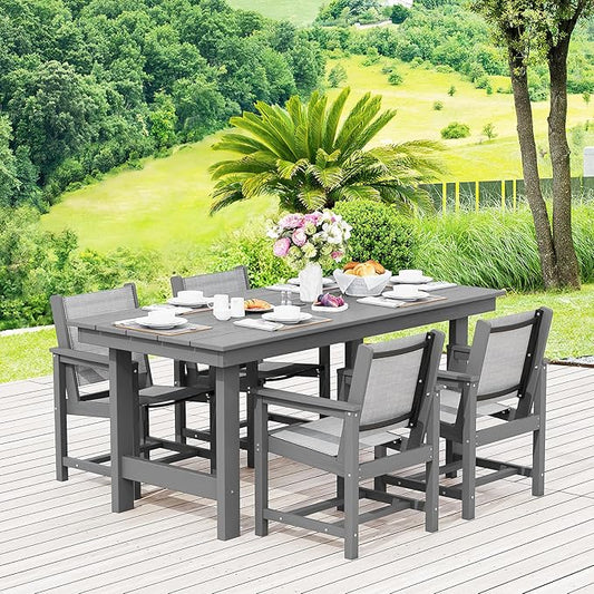 SERWALL 5 Piece Outdoor Dining Table Sets for 4 with 1 Umbrella Hole Cut-Out Rectangular Table and 4 Textilene Chairs, HDPE Dining Table Sets for Garden, Backyard, Poolside, Gray