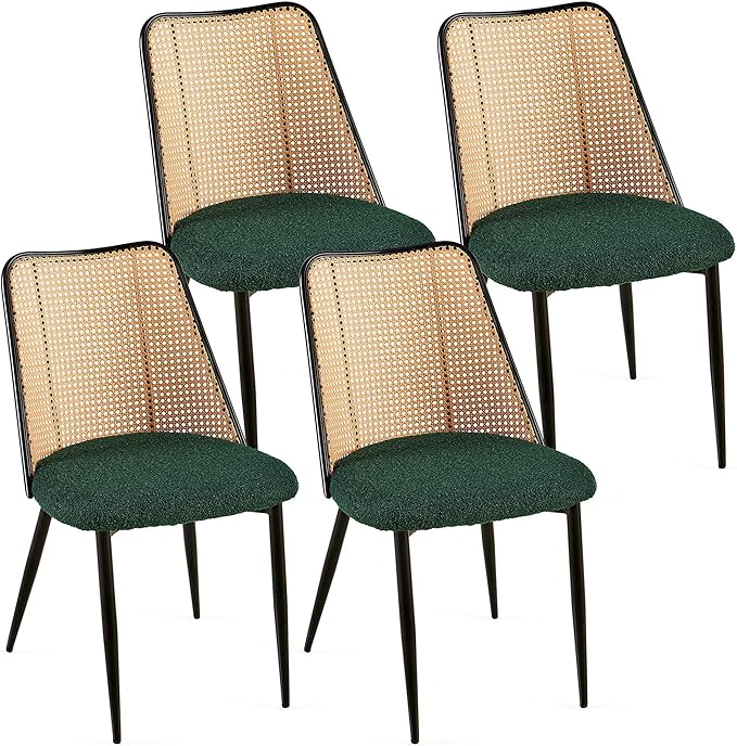 Green Dining Chairs Set of 4, Upholstered Home Kitchen Chairs Woven Rattan Back Boho Dining Room Chairs Comfortable with Metal Legs for Living Room Dining Hall