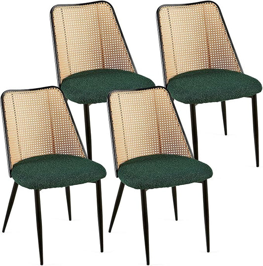 Green Dining Chairs Set of 4, Upholstered Home Kitchen Chairs Woven Rattan Back Boho Dining Room Chairs Comfortable with Metal Legs for Living Room Dining Hall