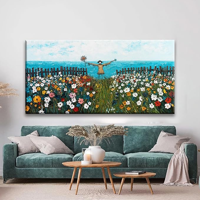 Tsomzxng Large Wall Art For Living Room Scene Canvas Art Wall Decor Picture Artwork Blue Sea Colorful Flowers Print Painting Scarecrow Landscape Bedroom Office Home Wall Decor 29x58 Inch