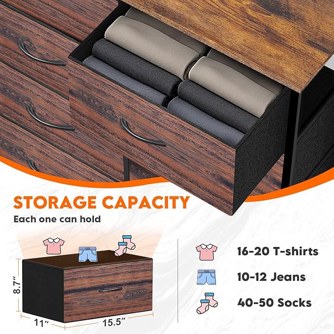 Dresser for Bedroom with 10 Drawers, Chest of Drawers, Storage Drawers Organizer Unit, Grey Wide Fabric Dresser with Fabric Bins for Closet, Living Room, Entryway (Brown and Rustic Brown)