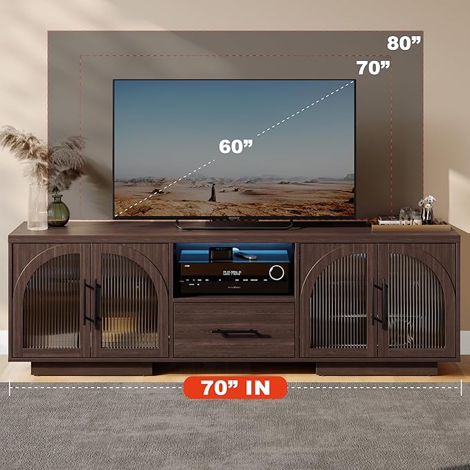70" TV Stand for 80 Inch TVs, Entertainment Center with LED Lights and Arched Glass Doors, Faux Marble Wood Finish, Adjustable Shelves, Modern TV Cabinet for Living Room, Brown