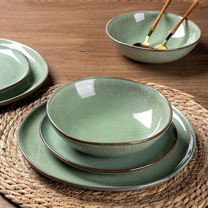AmorArc Ceramic Dinnerware Sets,Handmade Reactive Glaze Stoneware Plates and Bowls Set,Highly Chip and Crack Resistant | Dishwasher & Microwave Safe Dishes Set,Service for 4 (12pc)