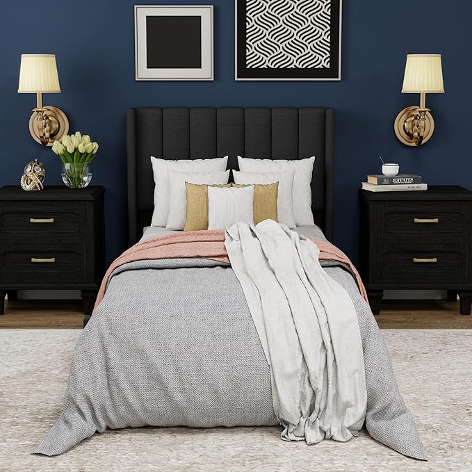 Upholstered Platform Twin Size Bed Frame with Headboard Wooden Slats Support No Noise Easy Assembly Black Linen