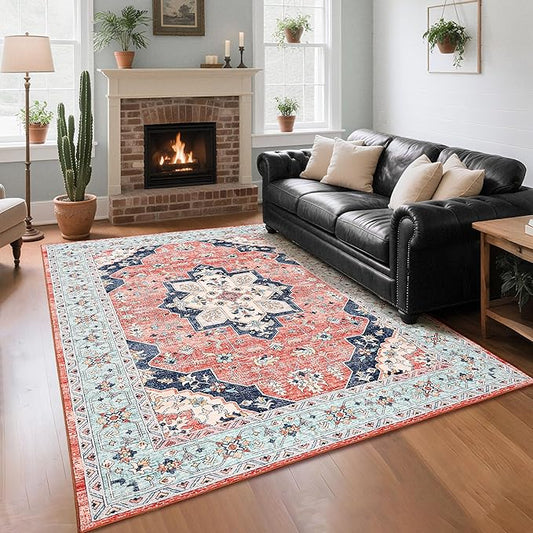 Vintage Area Rug 5x7 Rugs, Machine Washable Rug Non-Slip Low Pile Rug for Living Room, Bedroom, Farmhouse, Dining Room, Red&Blue