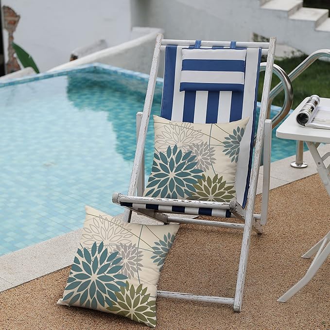 Blue Army Green Outdoor Pillow Covers Set of 2 20X20 Inch Teal Floral Elegant Polyester Flower Pillow Case Outdoor Waterproof Decor for Patio Funiture Garden Linen Cushion Covers 01C20