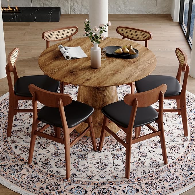 45 Inch Round Dining Table Set for 6, 7 Piece Kitchen Table and Chairs Set, Wooden Table with Light Walnut Finish, Small Space Dining Set for Apartment or Dining Room