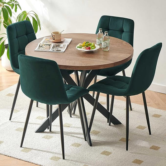 37" Round Table Set for 4 Person, Modern Kitchen Table Set, Imitation Wood Dining Table with Space Saving Dining Chairs, Dark Green Velvet Side Chairs