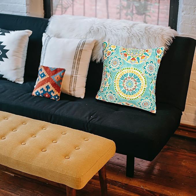 FUNHOME Outdoor Indoor Throw Pillows 18”x18”, Set of 2 Decorative Throw Pillows with Inserts, All Weather Water-Repellent Square Pillows for Bed, Couch, Sofa and Patio Furniture -Cyan Circle