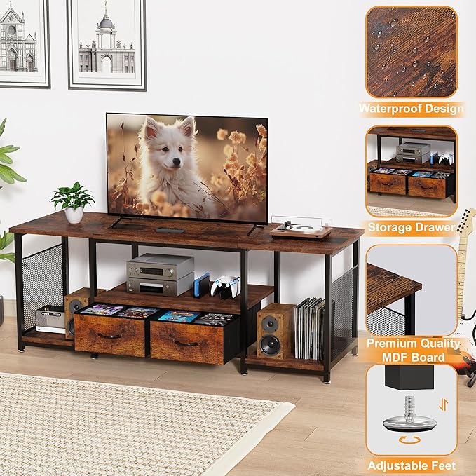TV Stand with Drawers and Open Storage Shelves for 75 70 65 Inch TV, Entertainment Center with Open Storage Shelves, Industrial Media TV Console Table for Living Room Bedroom Office, Rustic Brown