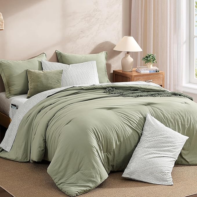 Monbix Queen Comforter Set - 7 Pieces Olive Green Prewashed Bed in a Bag Queen Bedding Sets with Comforters, All Seasons Down Alternative Comforter Bed Set with Sheets,Pillowcases & Shams