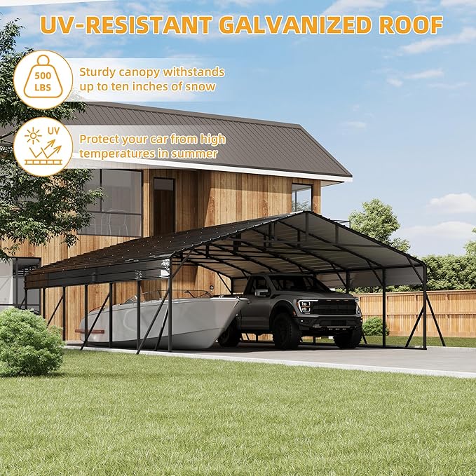 20x30FT Metal Carport Kits with Galvanized Steel Roof, Heavy Duty Metal Roof Carport with Enhanced Base, TallMetal Carports Kits Garage for Tractors, Pickup, Boat, Car