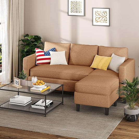 Shintenchi Small Sectional Couch Sofas, 3 Seat L Shape Sofa with Ottoman, Fabric Upholstered Convertible Sofa Couches, Small Couch for Apartments, Living Room and Office (Brown)