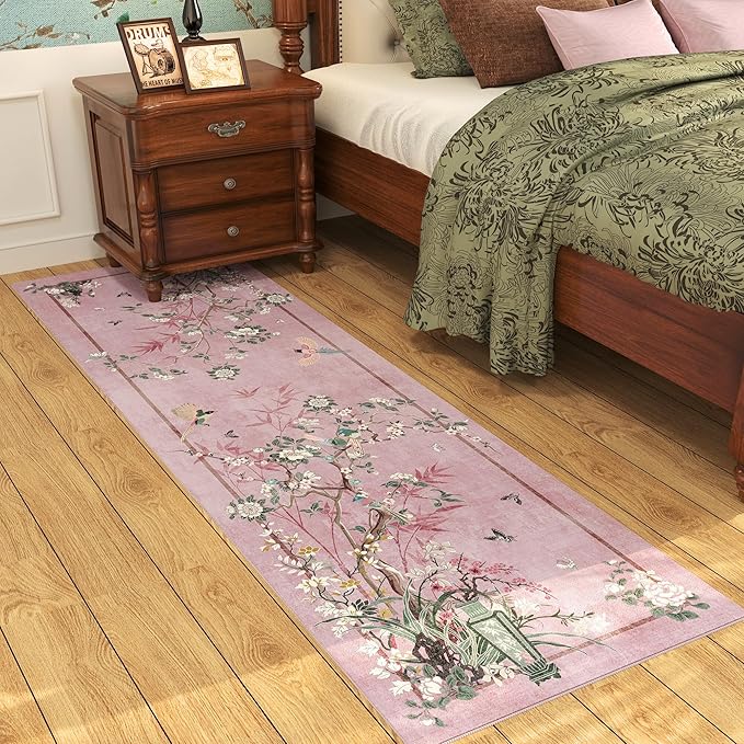 Runner Rug Chinoiserie-Style Floral Vintage Kitchen Rugs Non Slip Washable with Rubber Backing Soft Carpet for Laundry, Bedroom, Bathroom, Pink