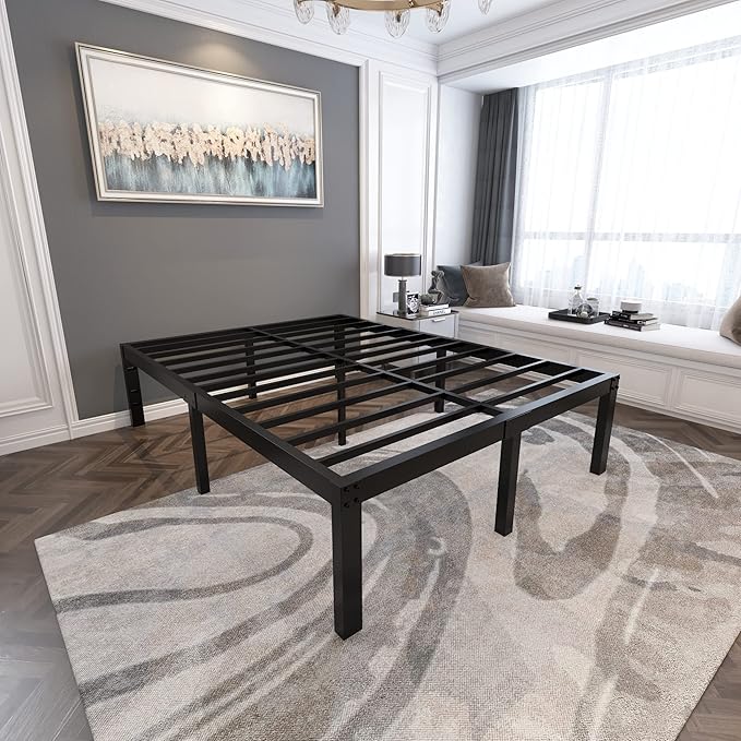 18 Inch Tall and Strong Platform Metal Bed Frame/Easy Assembly Mattress Foundation/ 4000lbs Heavy Duty Frame with Steel Slat Support/No Noise/No Box Spring Needed,Cal King