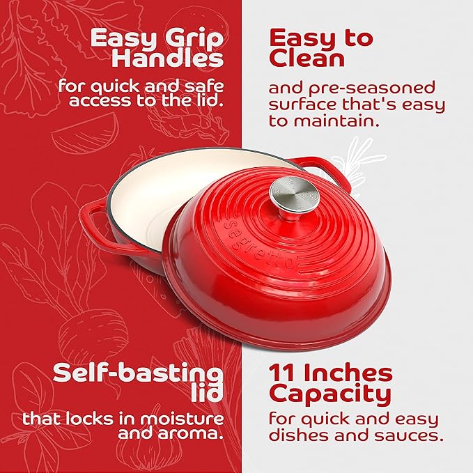 Enameled Cast Iron Bread Pan with Lid, 11” Red Bread Oven Cast Iron Sourdough Baking Pan, Dutch Oven for Bread, No Seasoning Needed -Segretto Cookware