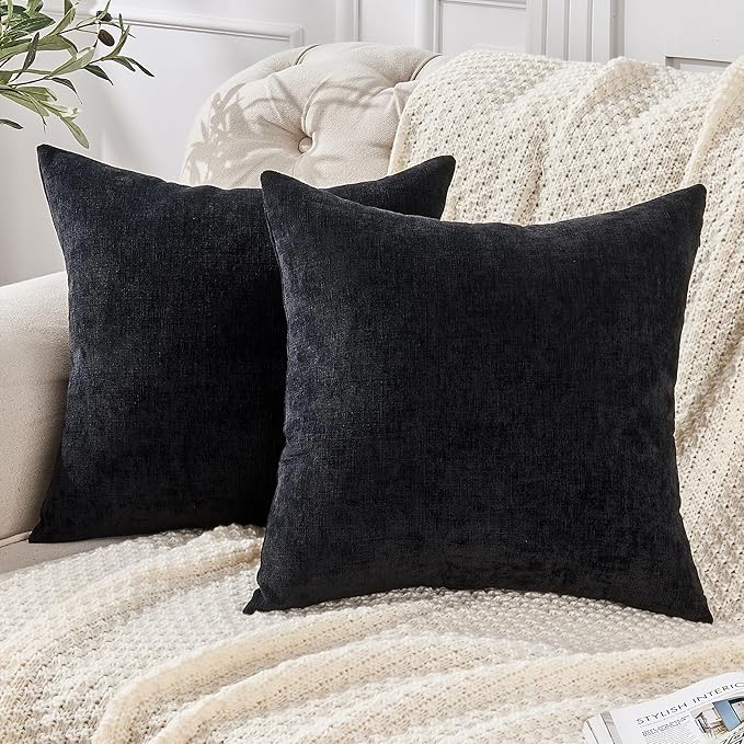 GAWAMAY Decorative Throw Pillow Covers 16x16 Inch Set of 2, Super Soft Chenille Pillows Farmhouse Fall Square Pillowcase for Living Room Bedroom Sofa Couch Cushion Cover Black 40x40cm (No Insert)