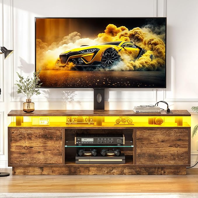 YITAHOME TV Stand with Adjustable Mount & Power Outlet, Entertainment Center with Storage, LED TV Stand for 70/65/60 Inch TVs, TV Cabinet with Storage, Media Console for Living Room, Rustic Brown