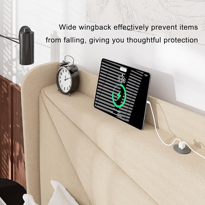 Feonase Queen Size Bed Frame with Charging Station, Linen Upholstered Platform Bed Frame with Wingback Storage Headboard, Solid Wood Slats Support, No Box Spring Needed, Noise Free, Beige