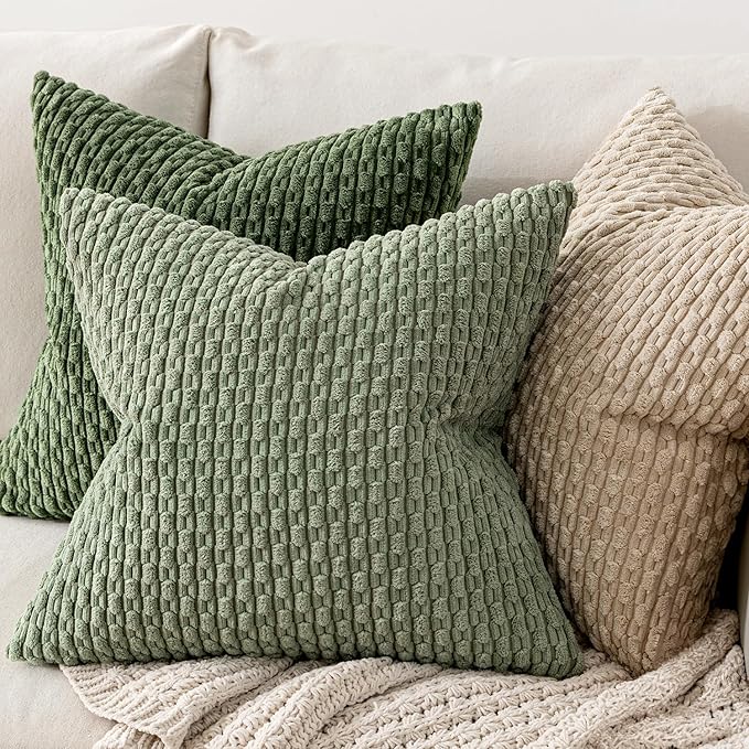 MIULEE Throw Pillow Covers Soft Corduroy Decorative Set of 2 Boho Striped Pillow Covers Pillowcases Farmhouse Home Decor for Couch Bed Sofa Living Room Spring 16x16 Inch Sage Green