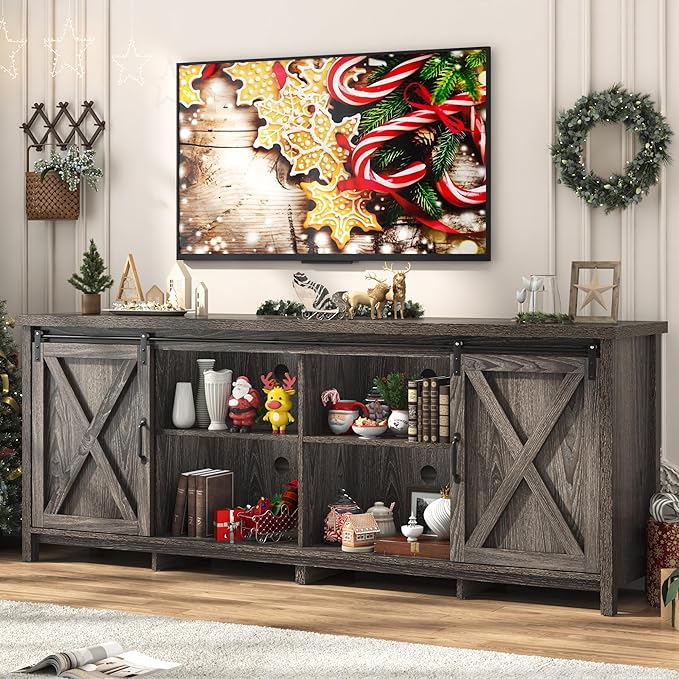 Farmhouse TV Stand for 80 Inch TV with Sliding Barn Door, Rustic Wood Entertainment Center Large Media Console Cabinet Long Television Stands,Console Table and Media Furniture for Living Room(Grey)