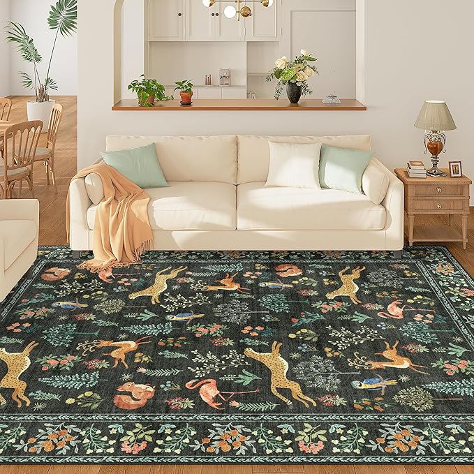DUKINO 5x7 Rug, Washable Animal Living Room Rug with Non Slip Vintage Design, Soft Low Pile Large Carpet for Bedroom, Nursery, Dining Room, Farmhouse, Playroom, Black