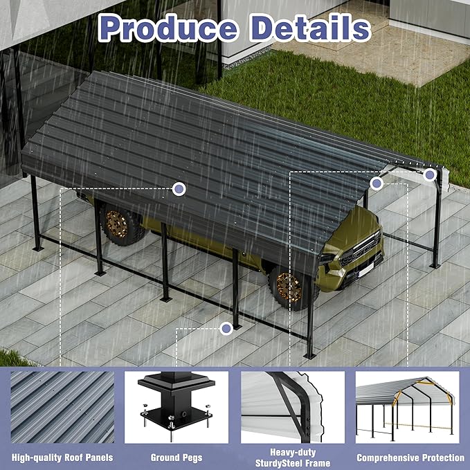 JY QAQA 12 x 20 ft Metal Carport, Heavy Duty Carport Canopy with Galvanized Steel Roof, Outdoor Car Tent Metal Garage Shelter for Car, SUV, Trucks and Boats