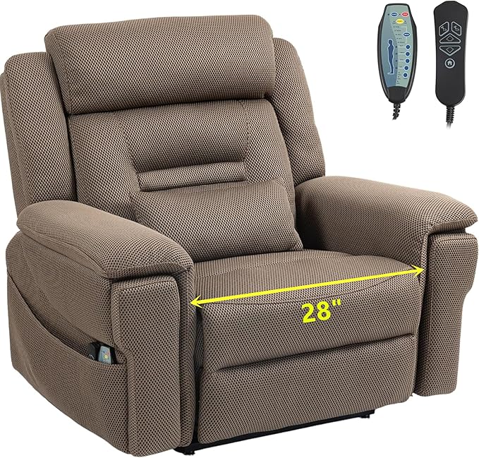 28 Inch Extra Wide Recliner Lay Flat 180°, Big Man 400lbs Oversized, Power Lift Recliner with Heat and Massage for Elderly, Large Heavy Duty Recliners with Cup Holders and Wireless Phone Charger