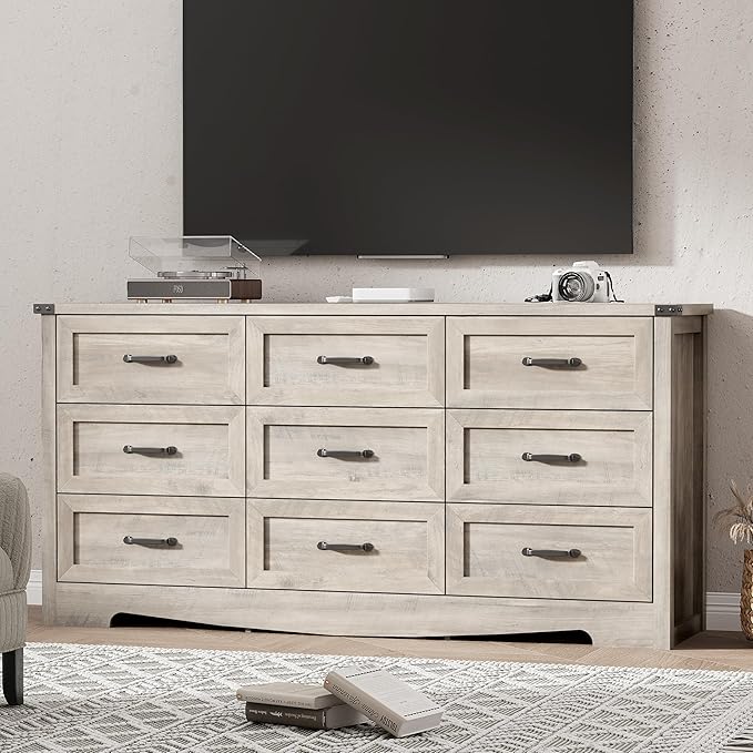 Dresser for Bedroom with 9 Drawers, 59" Wide Wood Chest of Drawers with Deep Drawers & Mental Handle, Modern Dresser TV Stand, Wooden Closet Storage Organizer for Living Room, Hallway, Entryway, Grey