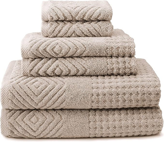 Texere 100% Organic Cotton Diamond Jacquard 700 GSM Luxury Bath Towel Sets - 2 Large Bath Towels, 2 Hand Towels, 2 Washcloths (Diamond, Oxford Tan, 6 Piece)