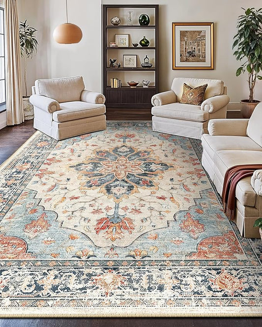 Area Rugs 10'x14' Washable Non-Slip, Floral Vintage Distress Print Pattern Medallion Carpet for Living Room Bedroom Dining Room, Beige Navy Blue Orange Colorful