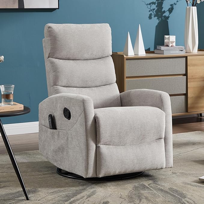 PELUMY Massage Recliner Chair with Heat - Manual Rocker Swivel Recliner, 360° Rotation & 155° Recline for Living Room（Linen Fabric, Beige）