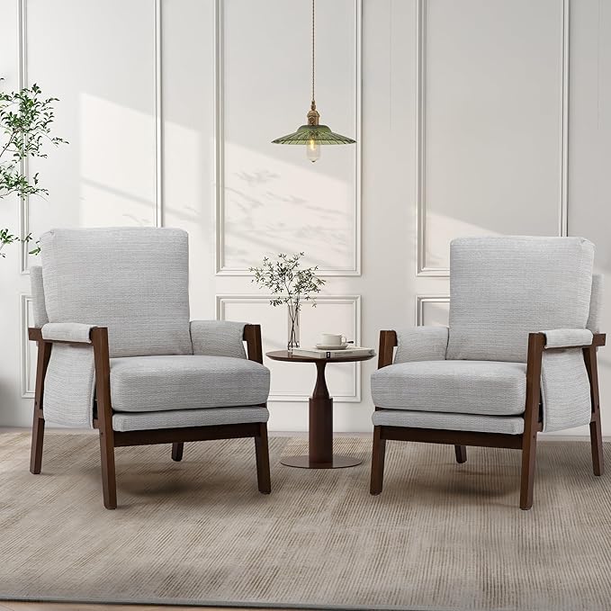 Modern Accent Chair for Living Room Mid Century Arm Chair Upholstered Bedroom Chair Comfy Lounge Chair with Solid Wood Frame, White