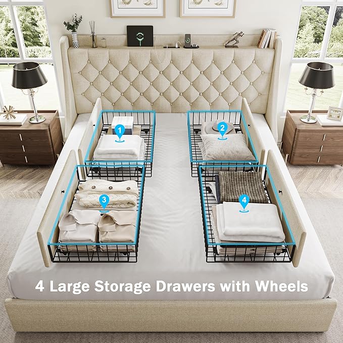 King Size Bed Frame with 4 Storage Drawers, Giant Upholstered Wingback Headboard, Fast Charging Station, No Box Spring Needed, Noise-Free, Beige